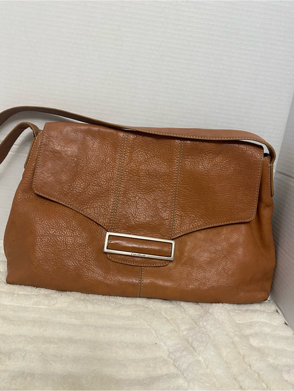 Cole Haan Tan Pebbled Leather Shoulder Bag with Silver Hardware Magnetic Closure